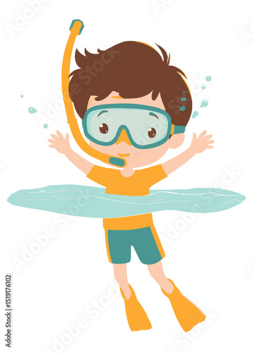 Adorable Little Boy Snorkeling Underwater Fun Summer Illustration