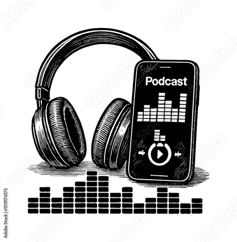 Headphones and Smartphone with Podcast App in Black and White Engraving Style