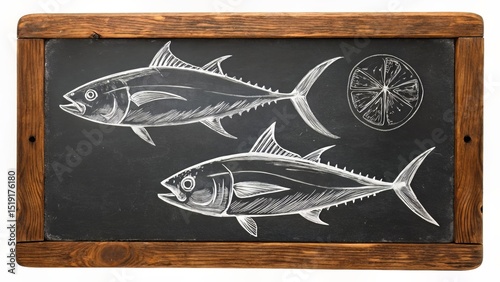 Double Tuna Fish Chalk Illustration on Blackboard – Seafood Restaurant Decor Style  

