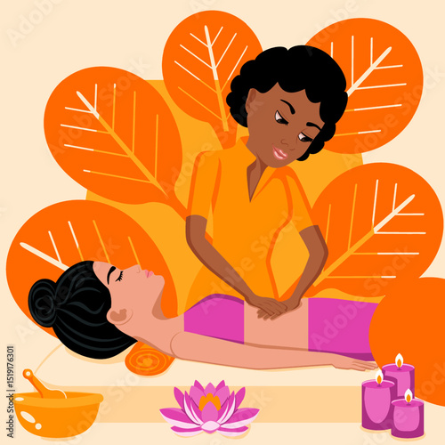 Abdominal massage. Therapy and treatment by professional therapist in SPA. Isolated flat vector illustration. African and Indian ethnicity.