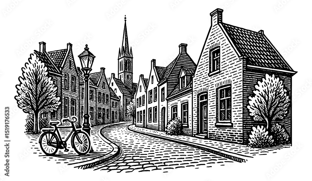 Obraz premium Black and White Illustration of a European City Street with Cobblestone Road and Buildings