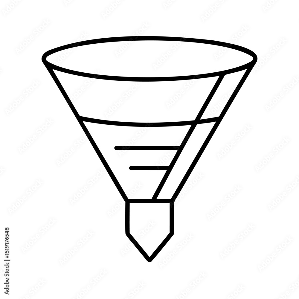 Simple black and white outline illustration of a chemical laboratory funnel icon on white Simple black and white outline illustration of a chemical laboratory funnel icon on white