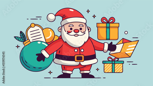 Cartoon Santa Claus with Gifts and Christmas Ornament on Light Blue Background