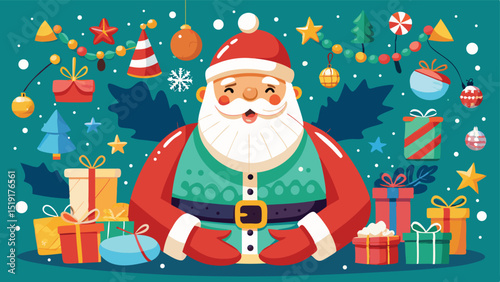 Festive Santa Claus Surrounded by Gifts and Christmas Decorations on Teal Background
