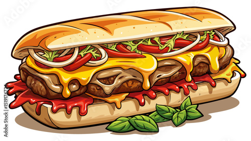 Close-up of juicy Philly cheesesteak sandwich on white background, packed with thin-sliced beef, sautéed onions, melted provolone cheese, bell peppers, and toasted hoagie roll dripping with flavor.

