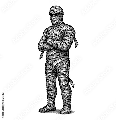 Full Body Illustration of Mummy with Crossed Arms in Detailed Engraved Style on White Background