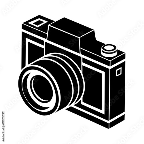 Black and white isometric illustration of a digital camera lens design