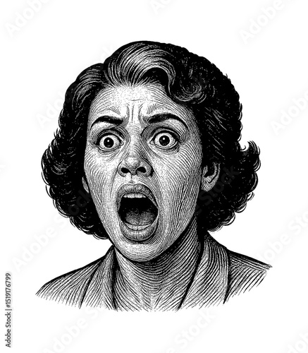 Frightened Caucasian Woman with Wide Eyes and Open Mouth in Vintage Engraving Style
