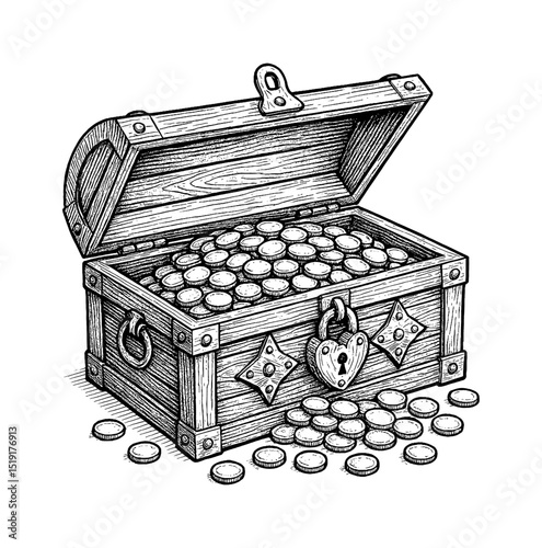 Illustration of an opened vintage wooden treasure chest full of gold coins with locked