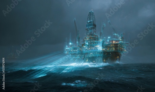 Oil rig generates luminous patterns in stormy sea at night