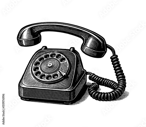 Detailed Engraved Illustration of a Classic Rotary Dial Telephone with Cord