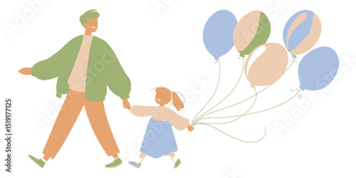 Happy Father and Daughter Walking with Balloons A Sweet Illustration