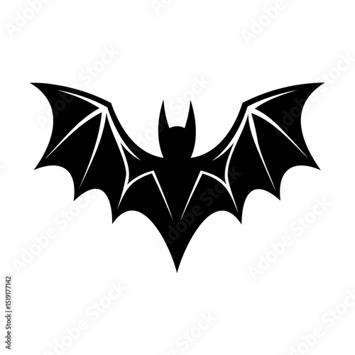 Silhouette of a black bat spreading its wings against a clean white background