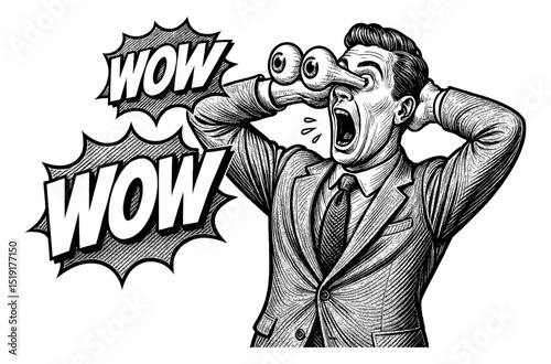 Surprised Man with Binoculars Eyes Open Mouth Shouting WOW in Black and White Illustration
