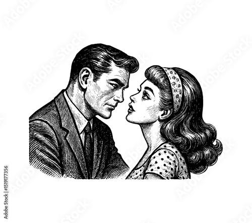 Retro Style Illustration of Romantic Couple Gazing Intently at Each Other in Black and White