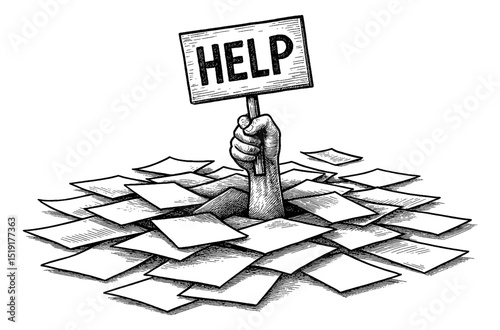 Arm Reaching from Pile of Papers Holding Help Sign in Black and White Drawing