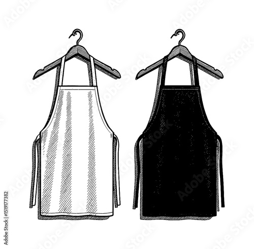 Two aprons hanging on wooden hangers, black and white detailed outline line art drawing