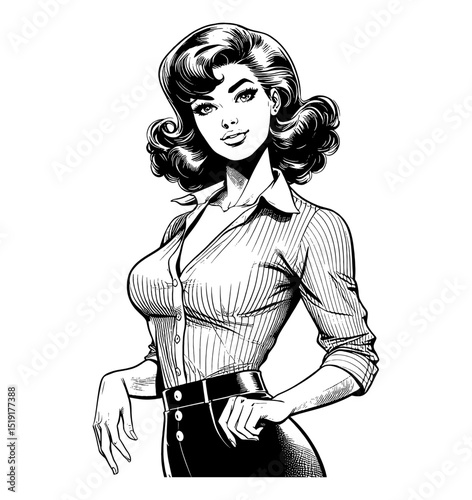 Smiling Woman in Striped Shirt and Black Skirt Posing with Confidence in Pinup Style Illustration