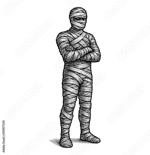 Full Body Illustration of a Mummy with Arms Crossed Standing in White Background