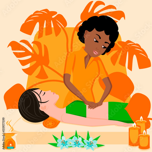 Abdominal massage. Therapy and treatment by professional therapist in SPA. Isolated flat vector illustration. African and Asian ethnicity.