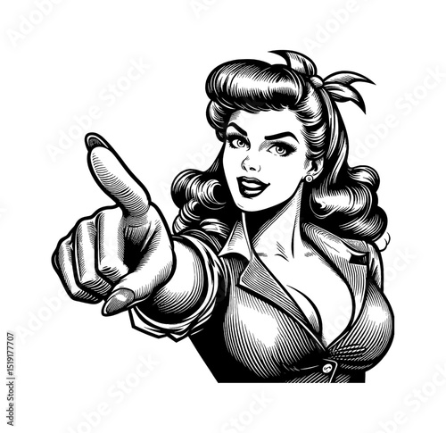 Pinup Woman Pointing Finger with Smiling Face in Vintage Engrave Illustration Style
