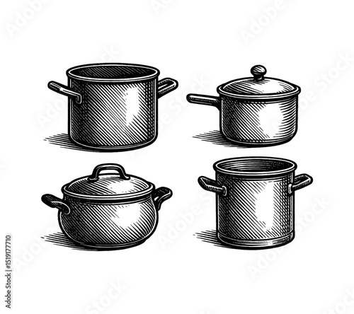 Engraved Illustration of Cooking Pots and Pans with Handles and Lids in Black and White