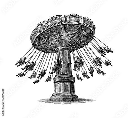 Engraving Style Image of People Riding a Carousel Swing Ride in Amusement Park