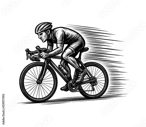 Man cycling with concentration in vintage detailed black and white outline line art drawing