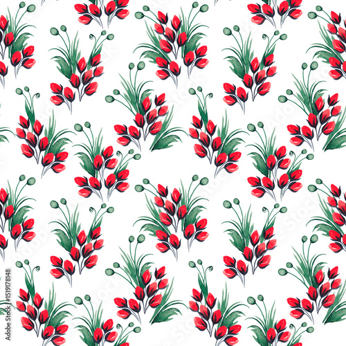 Seamless pattern of leaves and red berries. Watercolor illustration.