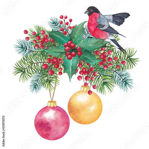 Watercolor New Year illustration. New Year ball, fir tree branches, red berries.