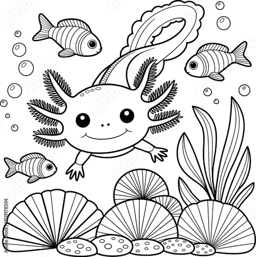 Adorable axolotl coloring page underwater scene cute fish