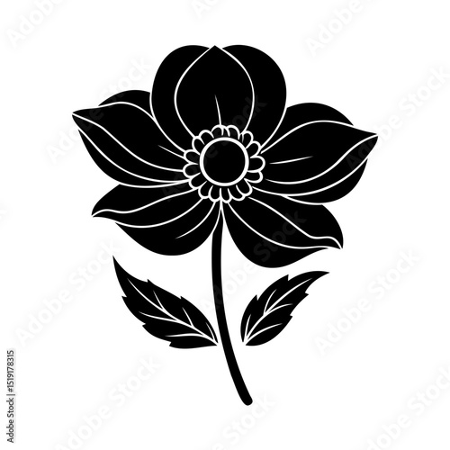 Elegant black and white floral vector illustration of a blooming flower with detailed petals