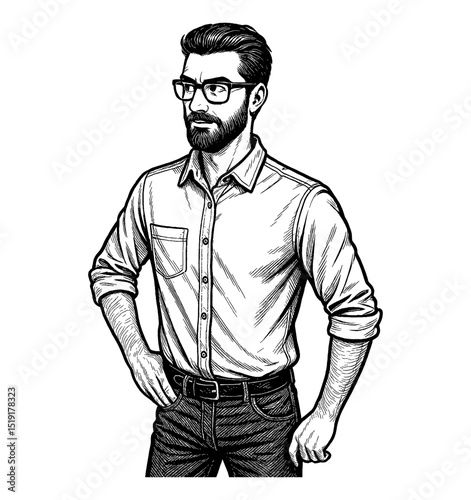 Bearded Man with Glasses Posing with Hands on Hips in Detailed Black and White Line Art