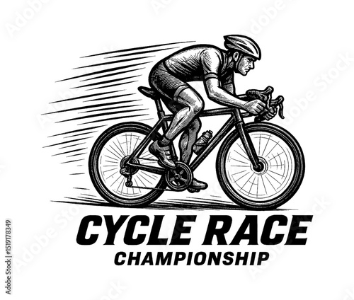 Man cycling in cycle race championship in vintage detailed black and white outline art