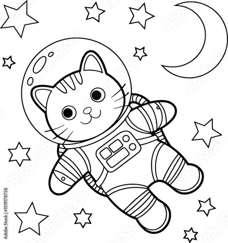 Adorable cat astronaut floating in space among stars