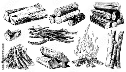 Hand-Drawn Ink Sketch Vector Illustration of Firewood, Logs, and Burning Fire