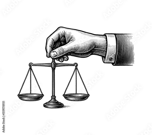 Hand Holding Balance Scale Illustration with Suit in Black and White Engraving Style