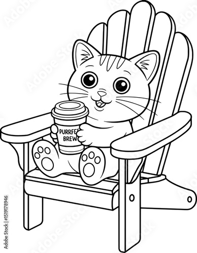 Adorable kitten relaxing in adirondack chair with coffee