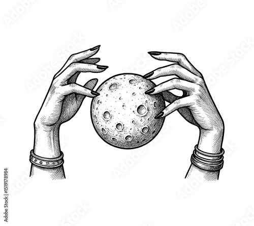 Hands Holding Moon with Engraving Style Detailed Line Art Drawing in Black and White
