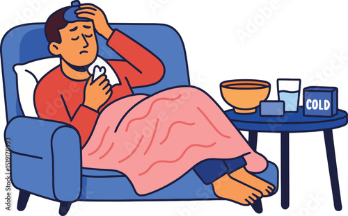 Sick Man Vector Illustration. Man with Cold Sitting in Armchair.