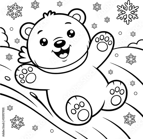 Adorable polar bear sliding down snowy hill winter fun coloring page