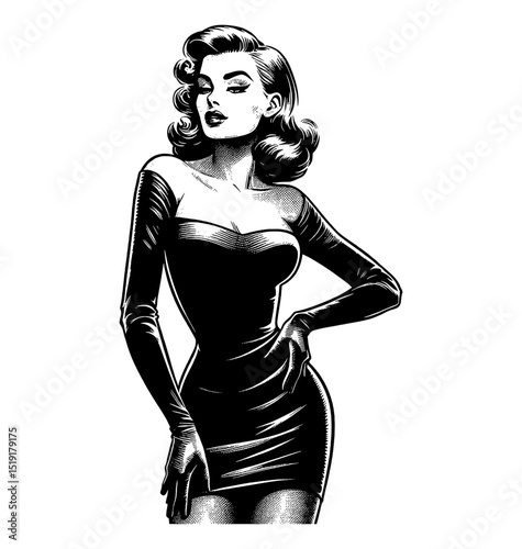 Elegant Pinup Woman Posing in a Black Dress, Confident and Stylish in Monochrome Illustration