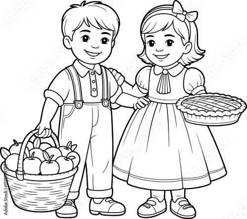 Boy and girl with apples and apple pie coloring page