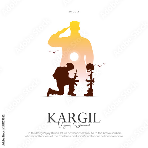 26th July - Kargil Vijay Diwas Post and Greeting Card. Kargil Victory Day Celebration with Text and Solder Kneeling Vector Illustration	