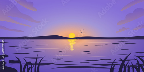 Sunset Over Water – Horizontal Vector Landscape with Sun, Birds, Hills and Reeds in Purple and Orange	

