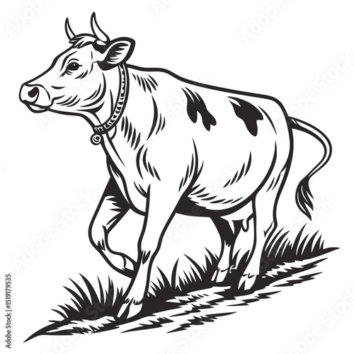  Detailed Black and White Illustration of a Cow Grazing in Pasture