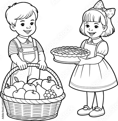 Boy and girl sharing apples and pie coloring page
