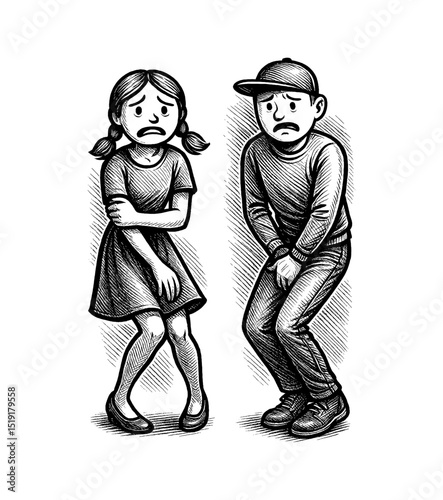 Frustrated Boy and Girl Needing to Pee Urgently in Engraved Style Illustration