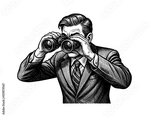 Focused Man in Suit Looking Through Binoculars Black and White Detailed Engraving Style