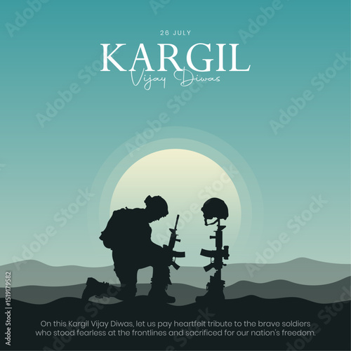 Kargil Vijay Diwas Post and Greeting Card. 26th July - Kargil Victory Day Celebration with Text and Solder Kneeling Vector Illustration	